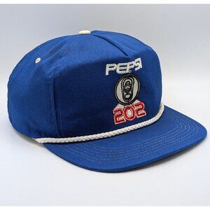 VINTAGE Pepsi 202 Leather Strap Back Hat Cap Made USA Blue Rope VTG 80s Bottling